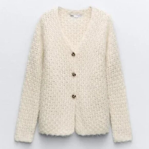 ZARA Structured Wool & Alpaca Blend Knit Cardigan SZ M Ecru NWT - Picture 6 of 9